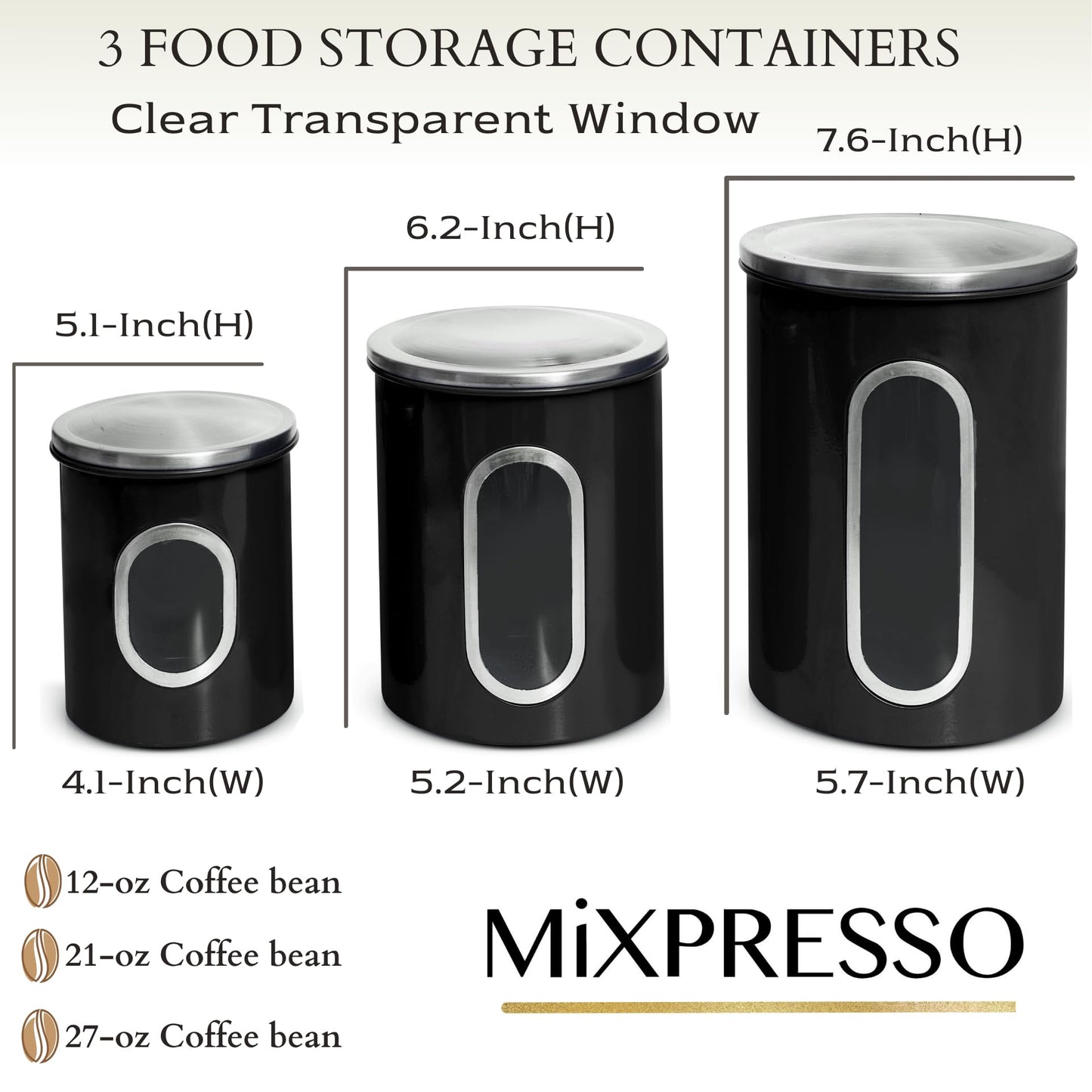 Mixpresso 3-Pcs Black Canisters Set for Kitchen Storage Airtight Jars