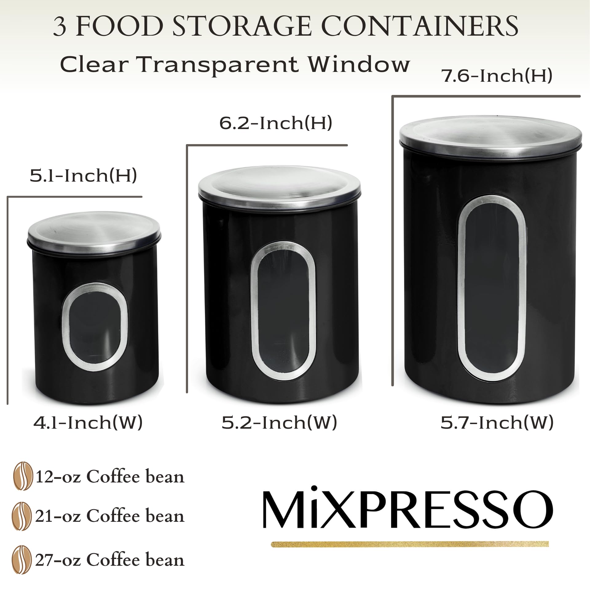 Mixpresso 3-Pcs Black Canisters Set for Kitchen Storage Airtight Jars