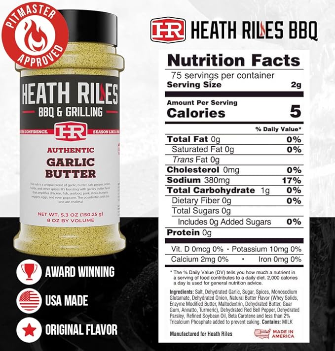 Heath Riles BBQ Rub - Garlic Butter Seasoning, Champion Pitmaster Recipe, Legendary Rubs For Smoking & Grilling, 70+ BBQ Championships, 8 oz.