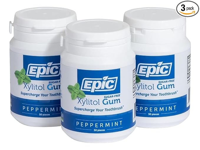 Epic 100% Xylitol Peppermint Chewing Gum - Sugar Free, Aspartame Free Dental Gum - Supports Oral Health & Fresh Breath - 50 Pieces (Pack of 3)