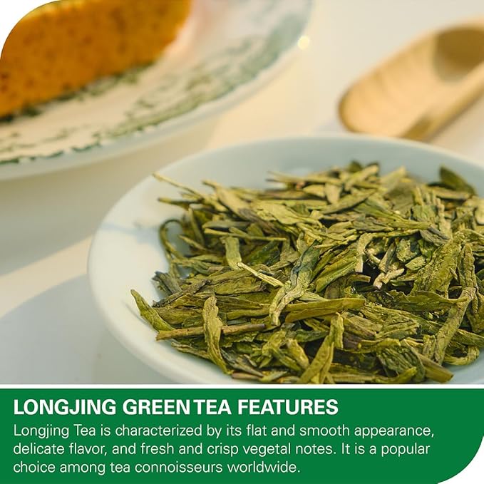 WT WEETEE Organic Longjing Green Tea, Organic Dragonwell Tea Loose Leaf 4oz (114g), Natural Bean Aromatic Lung Ching Dragon Well
