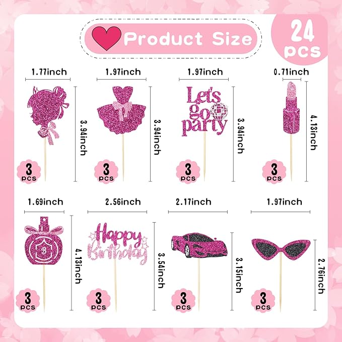 24 Pcs Glitter Princess Cupcake Toppers Pink Girl Cupcake Picks Let's Go Party Lipstick Cake Decorations for Girl Princess Theme Bridal Shower Wedding Birthday Party Supplies