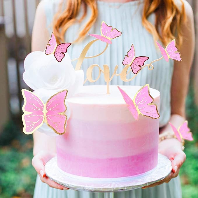 30pcs Pink Gold Edge Mixed Size Lively 3D Waterproof Butterfly Cupcake Topper for Girls Women's Happy Birthday Wedding Party Cake Wall Party Food Decorations