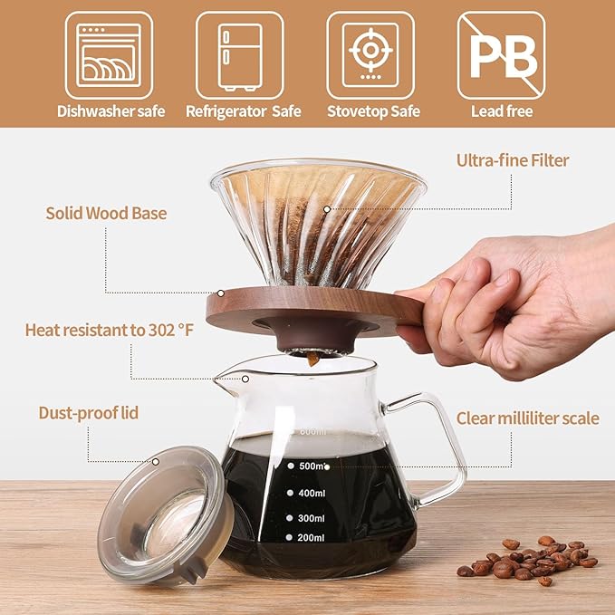Pour Over Coffee Maker, Borosilicate Glass Drip Coffee Maker with Reusable Stainless Steel Filter and Cork Grip for Home Caf챕 (Walnut Collar, 20 OZ)