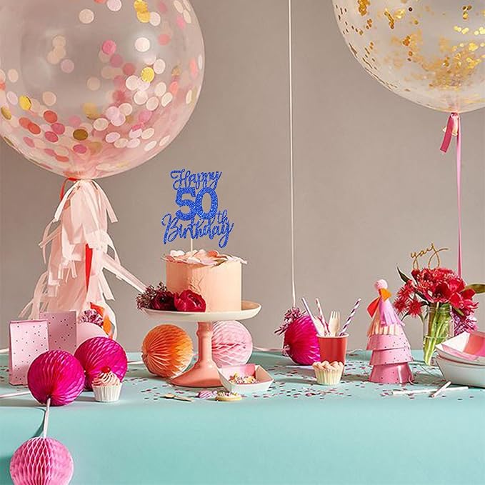 1 PCS Happy 50th Birthday Cake Topper Glitter Cheers to 50 Years Birthday Cake Pick Fifty Hello 50 Fabulous Cake Decoration for Happy 50th Birthday Anniversary Party Decorations Supplies Blue