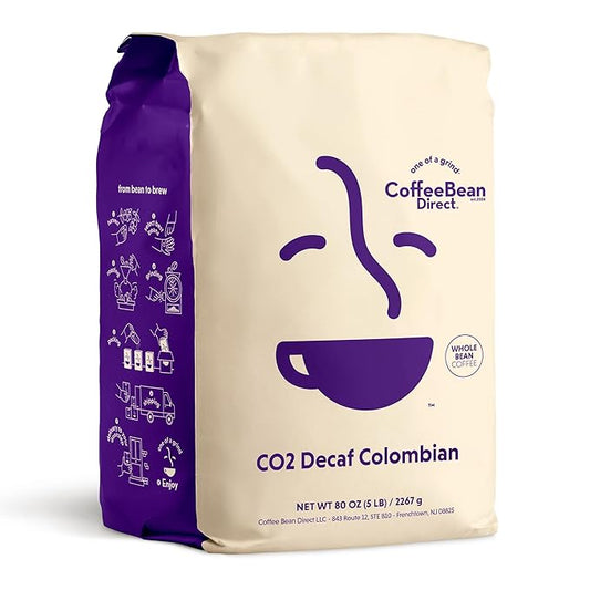 Coffee Bean Direct CO2 Decaf Colombian, Whole Bean Coffee, Light Roast, 5 Pound Bag (Pack of 1)