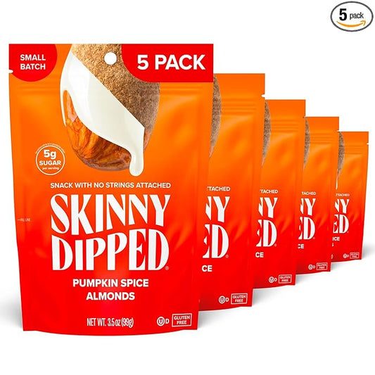 SkinnyDipped Pumpkin Spice Almonds, Healthy Snack, Plant Protein, Gluten Free, 3.5 oz Resealable Bags, Pack of 5