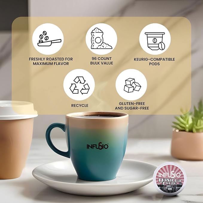 InfuSio Vanilla Cr챔me Medium Roast, 96 Count Pods for Keurig K-Cup Brewers, Compatible with 2.0, Premium Roasted Coffee