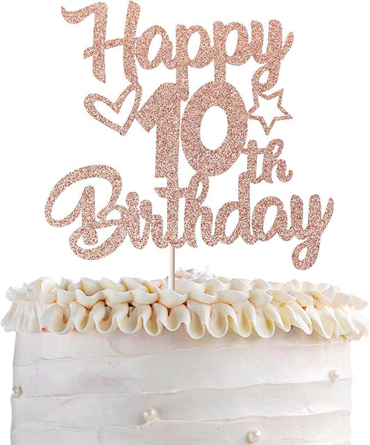 1 Pack Happy 10th Birthday Cake Topper Glitter Heart Star 10 Fabulous Cake Pick Birthday Sign Cake Decorations for Children 10th Birthday Theme Party Supplies Rose Gold