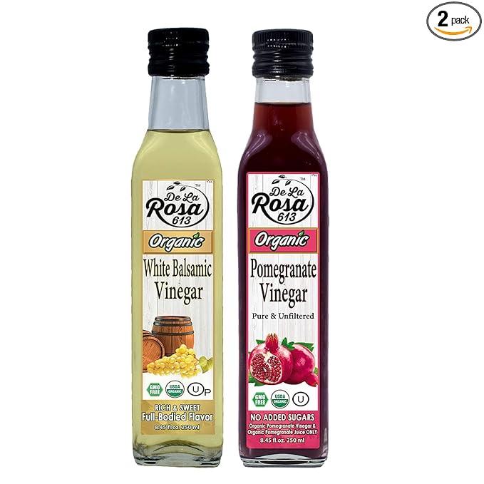 De La Rosa Organic Pomegranate and White Balsamic Vinegar, Vegan, Kosher, Non-GMO & Gluten Free, Great for Salad Dressings, Marinades & More, 8.45 Oz (Pack of 2)