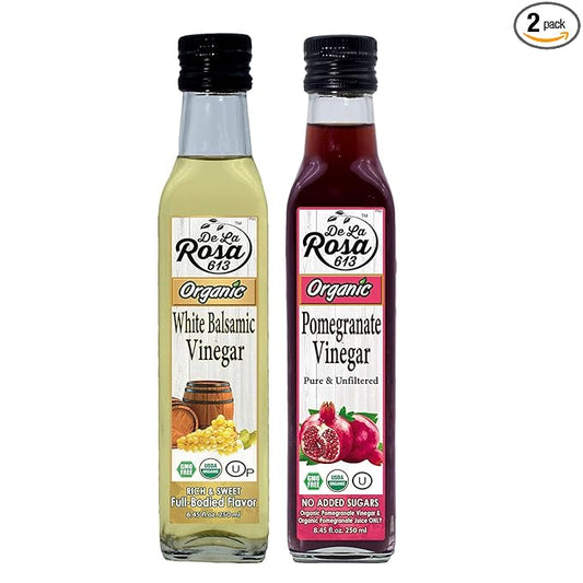 De La Rosa Organic Pomegranate and White Balsamic Vinegar, Vegan, Kosher, Non-GMO & Gluten Free, Great for Salad Dressings, Marinades & More, 8.45 Oz (Pack of 2)