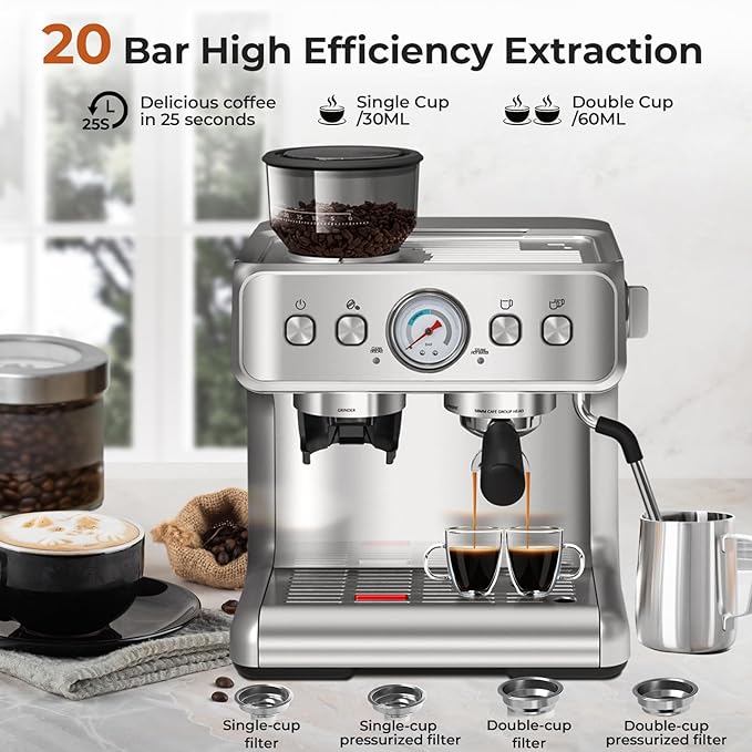 Espresso Machine, 20 Bar Semi-Automatic Espresso Machine with Grinder & Milk Frother Steam Wand, 1450W Home Cappuccino Latte Machine with Removable 95 Oz Water Tank, Stainless Steel