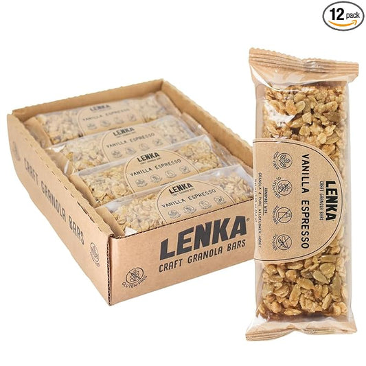 Lenka Bars - Vanilla Espresso Snack Bars, Gluten Free, High Fiber, Kosher, Wholesome, No Artificial Flavors, Individually Wrapped - 12 Pack