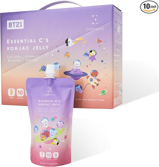 EVERYDAZE BT21 Essential C?셲 Konjac Jelly | Yogurt | Vegan Collagen Peptides and Vitamin C | Gluten Free, Sugar Free, Low Calorie | Healthy Drinkable Fruit Snack | 10 Pack Box Food Drink Pouch