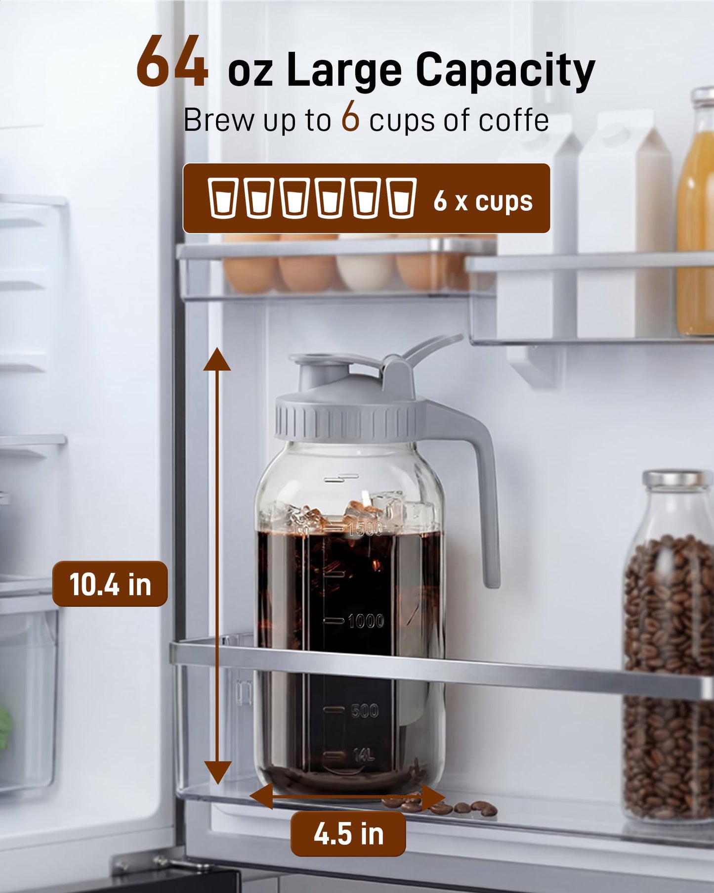 64 oz Cold Brew Coffee Maker, Mason Jar Pitcher with Stainless Steel Filter