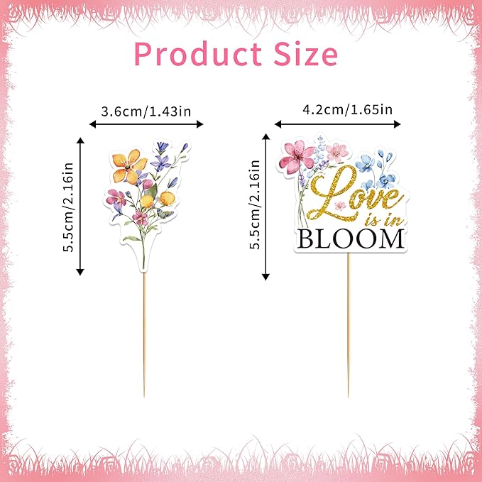 24 Pcs Love is in Bloom Cupcake Toppers, Love in Bloom Bridal Shower Cupcake Decorations, Flower Theme Party Supplies, Engagement Wedding Cake Party Decor