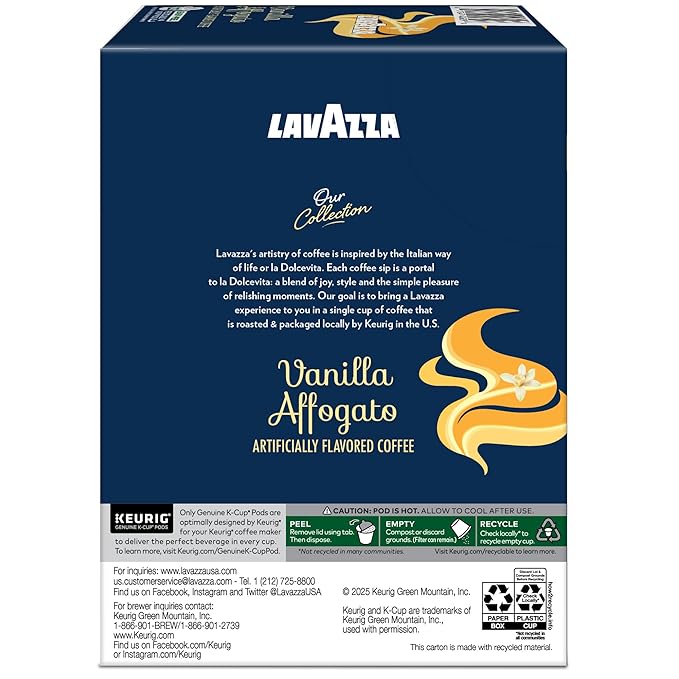 Lavazza Vanilla Affogato Coffee, Single Serve Keurig K-Cup Pods, Flavored Coffee, 88-Count Box (4 Packs of 22)