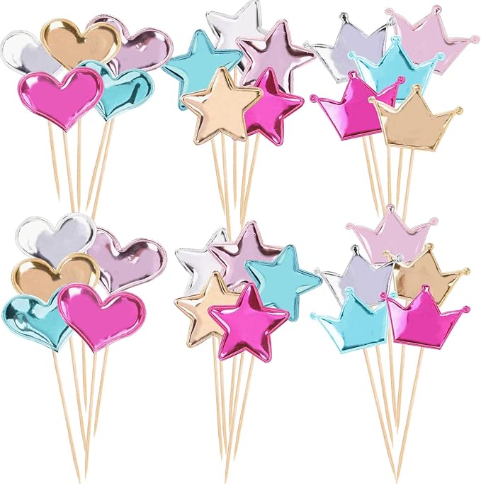 30 PCS Glitter Heart Cupcake Toppers Colorful Cake Decoration Heart and Star Cake Toppers Cute Party Decoration for Birthday and Baby shower (Fresh)