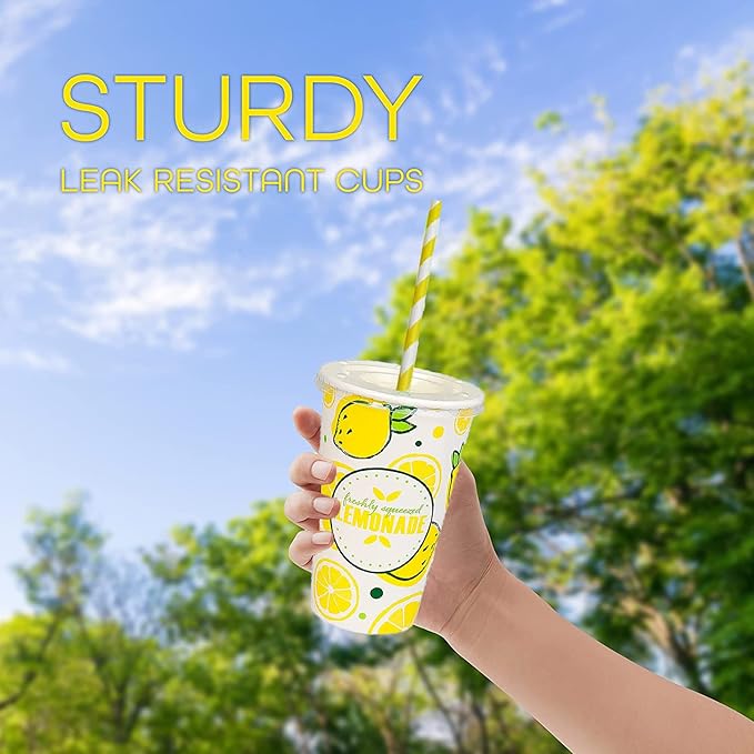 150 Pieces / 50 Sets 20 Oz Lemonade Cups with Lids and Paper Straws - Set of 50 - Lemonade Stand Supplies For Kids and Adults