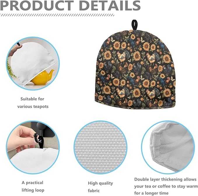 Sunflower Rooster Print Tea Pot Cover Warm Keeper with Top Hanging Loop Tea Cozy Insulated Teapot Dust Cover for Home Kitchen Decor