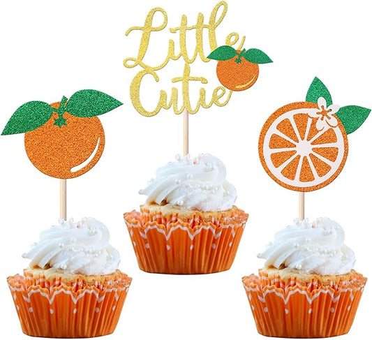 24 Pack Little Cutie Cupcake Toppers Glitter Orange Cupcake Picks for Citrus Theme Baby Shower Kids Birthday Party Tangerine Clementine Fruit Party Cake Decorations Supplies
