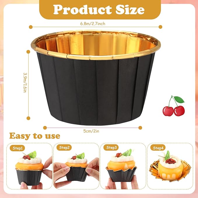 300 Pack Black Gold Cupcake Liners Bulk Disposable Foil Muffin Cups 3.5 oz Wrappers for Baking Aluminum Paper Mini Metallic Disposable Holiday Party Wedding Festival Supply
