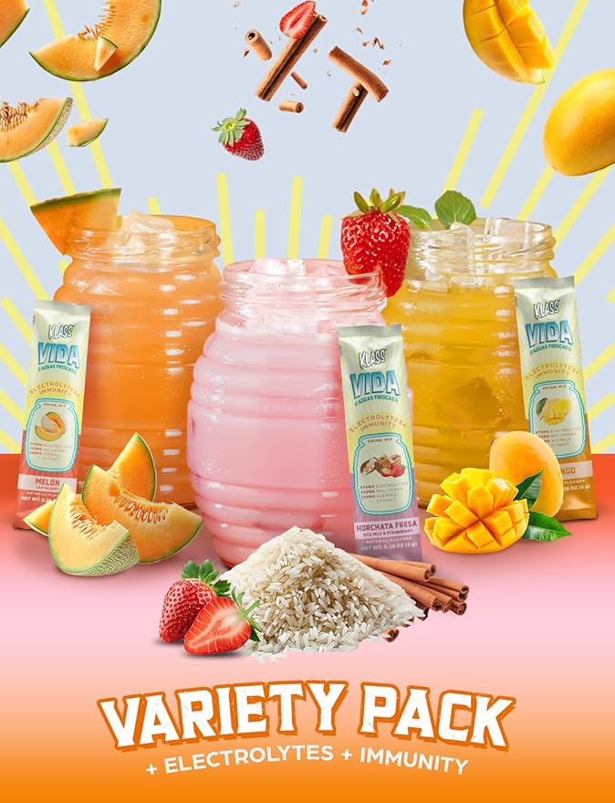 Hydration + Immunity Sugar-Free Powder Packets Mango, Horchata Fresa & Cantaloupe Electrolyte Agua Fresca Drink Mix Wellmune & Acerola Extract 15 Single Serve Sticks Low Calorie