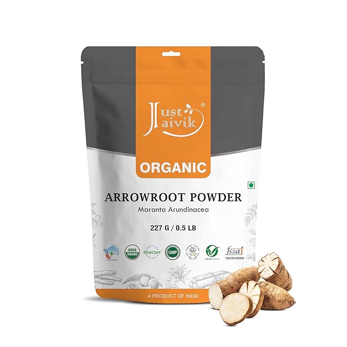 Just Jaivik USDA Certified Organic Arrowroot Powder - Gluten Free, Non GMO, Vegan Friendly, Natural Thickening Agent for Cooking and Baking