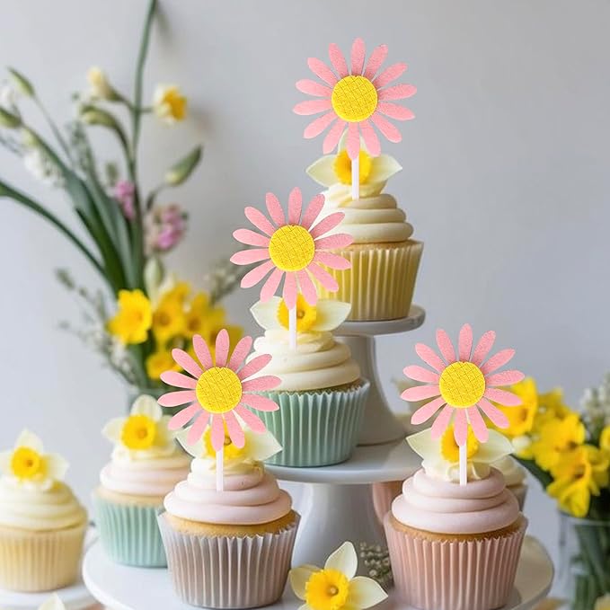 30 Pack Sunflower Cupcake Toppers Glitter Baby Shower Sunflower Cupcake Picks for Gender Reveal Theme Baby Shower 1st Birthday Party Cake Decorations Supplies Pink