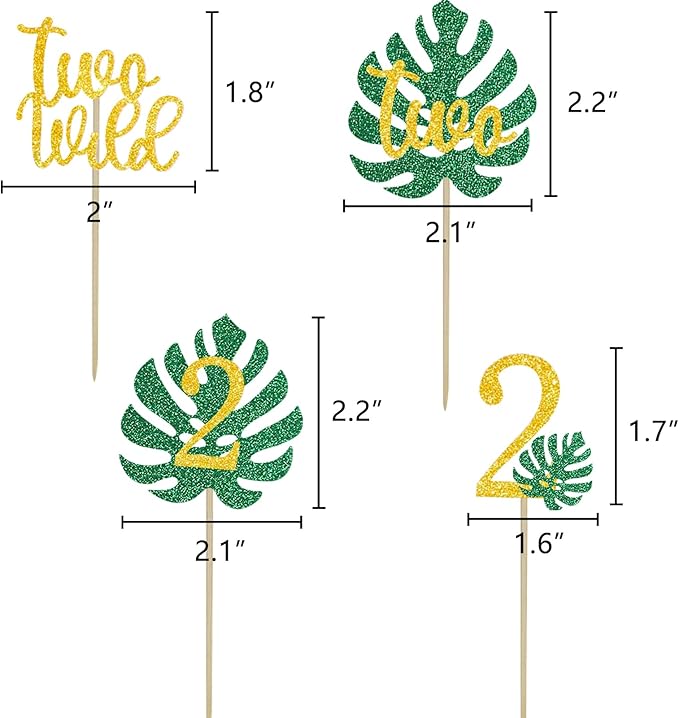 Safari Two Wild Cupcake Topper 2nd Tropical Leaf Birthday Party Jungle Animals Decorations Gold 2