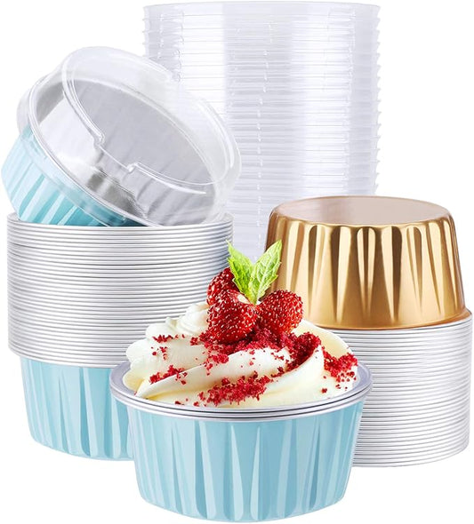 EUSOAR Aluminum Foil Cups, 5 oz 60pcs Baking Cups with Lids, 125ml Snacks Desserts Flan, Cupcake Pie Ramekin, Catering Gathering Club Shower Party Favor Baking Cups-Lake Blue+Gold