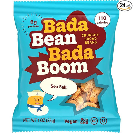 Enlightened Bada Bean Bada Boom - Plant-Based Protein, Gluten Free, Vegan, Crunchy Roasted Broad (Fava) Bean Snacks, 100 Calories per Serving, Sea Salt, 1 oz, Pack of 24