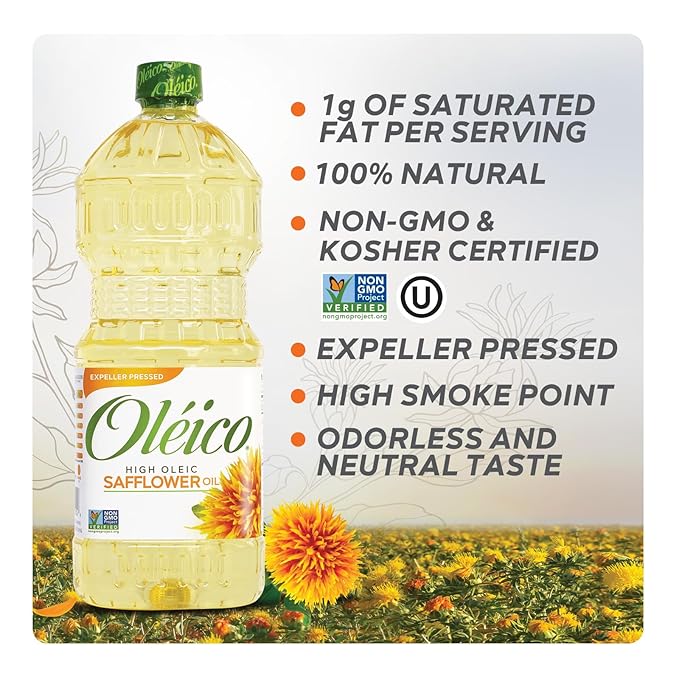 Oleico - High Oleic, Non GMO Certified, Kosher Verified, Expeller Pressed, High Heat Stable Safflower Oil, Bottle of 32.3 fl oz (Pack of 3)