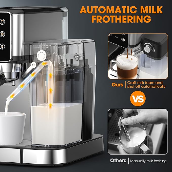 TENKER Espresso Machine, 20 Bar Cappuccino Machine with Automatic Milk Frother, 3-in-1 Coffee Machine, 1350W Dual Boiler Latte Maker, Touchscreen Espresso Coffee Maker, Stainless Steel