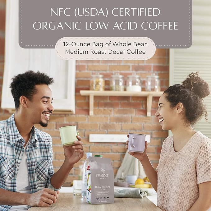 Lifeboost Medium Roast Decaf Coffee Beans ??Organic Low Acid Swiss Water Decaf ??Whole Bean Coffee ??Third Party Tested for Mycotoxins & Pesticides ??Chemical Free ??12 oz