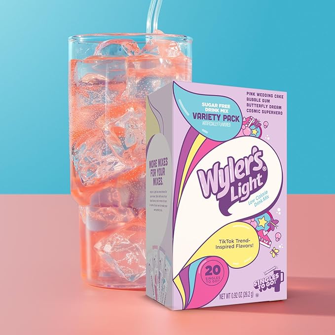 Wyler's Light Singles to Go Powder Packets, Variety Pack, Watertok Fun Flavors, Pink Wedding Cake, Bubble Gum,Butterfly Dream,Cosmic Superhero,Sugar & Caffeine Free, On-The-Go, 20 Count (Pack - 1)