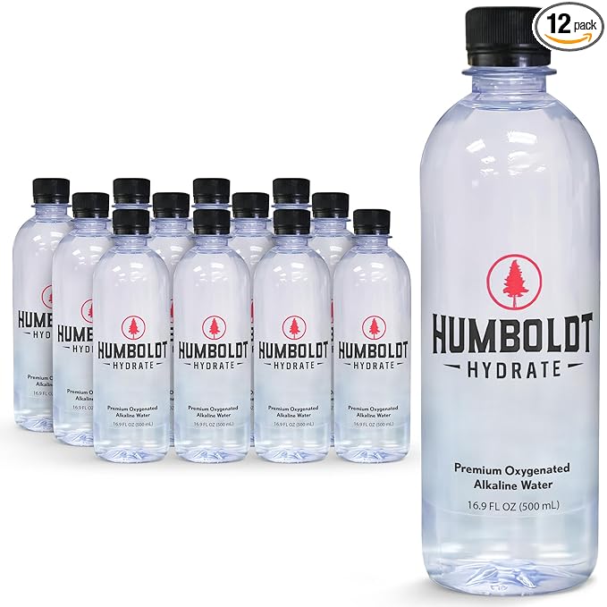 Humboldt Hydrate Bottled Alkaline Water - Infused with Electrolytes ??Ionized Case of Water 99.9% Pure - 8+ pH water for Smooth Clean Taste 16.9 FL OZ - BPA Free Bottled Water 12 Pack (500 ML)