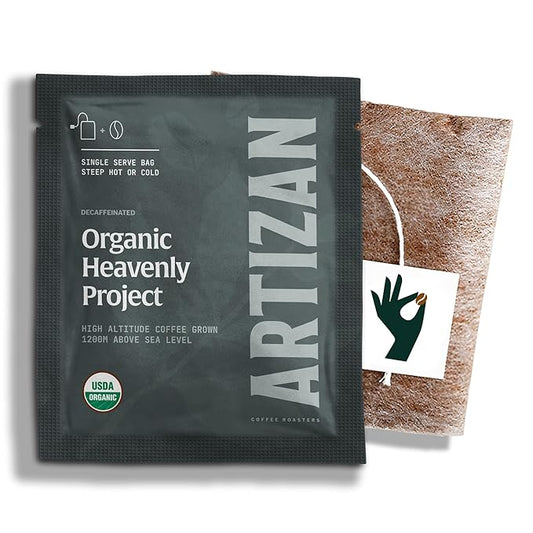 Artizan Organic Single-Serve Coffee Bags – Heavenly Project Swiss Water Decaf | Full City Roast | 10 Count | No Equipment Needed | Specialty-Grade Craft Roasted, Nitro-Sealed, Compostable
