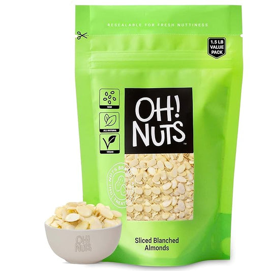 Oh! Nuts Almonds Blanched Sliced - Raw - 100% Natural - 1.5 lb - High-Protein Almonds - Packed in New York Zip-Seal Bag for Exceptional Freshness