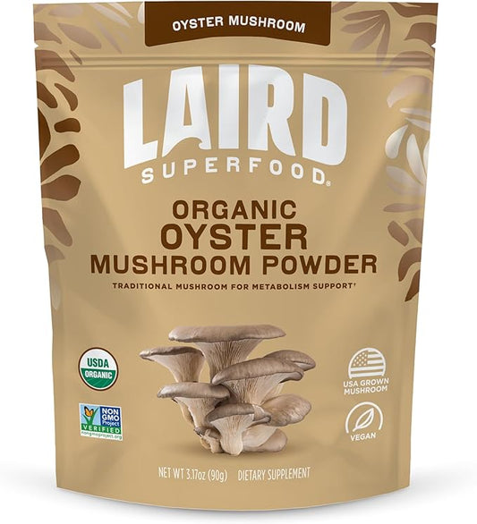 Laird Superfood Organic Oyster Mushroom Powder for Immune and Digestive Support, 3.17 oz. Bag, Pack