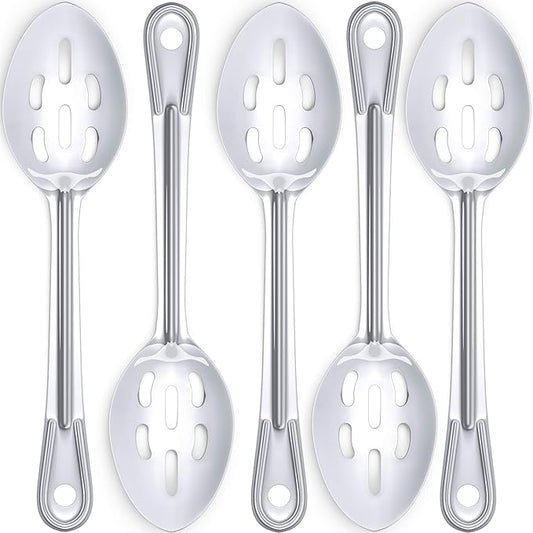 Super Strong, Ergonomic 11 in Serving Spoon 5 Pk. Big, Slotted Stainless Steel Spoons for Cooking, Baking and Basting. Best Kitchen Flatware for Buffet and Banquet Service in Restaurants and Homes