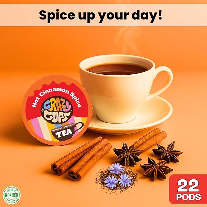 Crazy Cups Hot Cinnamon Spice Herbal Tea Pods, 22 Count | Caffeine Free, Kosher Certified, Warming Cinnamon & Star Anise Blend, K Cup Compatible Pods, Bold Spiced Flavor, Gluten Free, Vegan