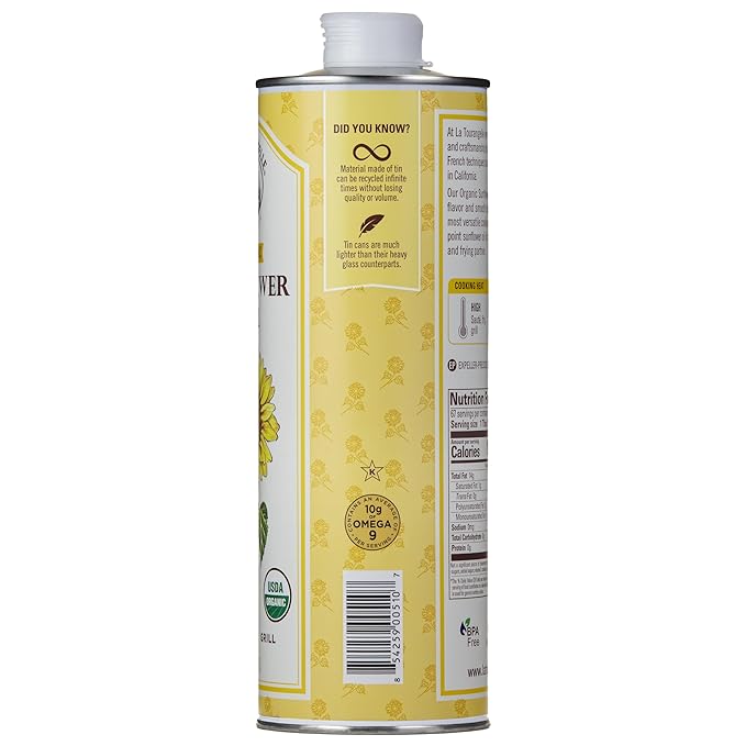 La Tourangelle, Organic High Oleic Sunflower Oil, Neutral Oil For Medium to High Heat Cooking and Skin Care, Non GMO, Pesticide and Chemical Free, 33.8 Fl Oz