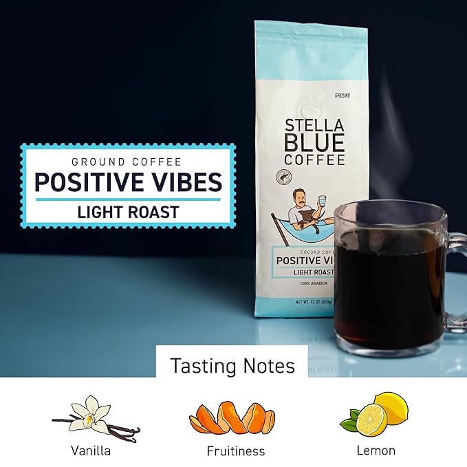 Stella Blue Ground Coffee, Positive Vibes Blend, Light Roast, Vanilla and Fruity Notes, 100% Arabica, Ethically Sourced from Central and South America, 12 oz bag