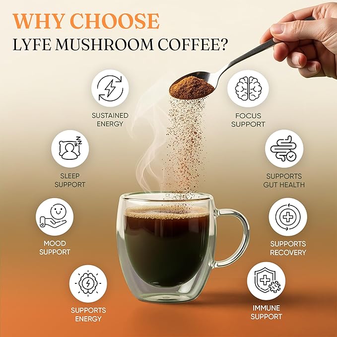 LYFE Organic Instant Decaf Mushroom Coffee ??Lion?™s Mane, Chaga, Cordyceps, Turkey Tail | USA Grown Adaptogenic Mushrooms for Better Energy, Focus, Gut Health, Immunity ??40 Servings