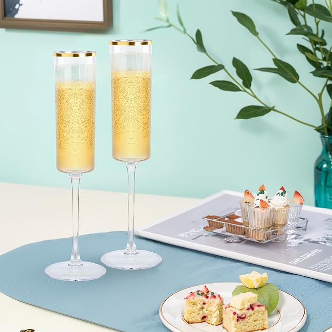 Ciaell 24 Pack Plastic Champagne Flutes - 6Oz Gold Rim Disposable Champagne Glasses - Square Clear Plastic Toasting Glasses for Party Birthday Anniversary Wedding Thanksgiving