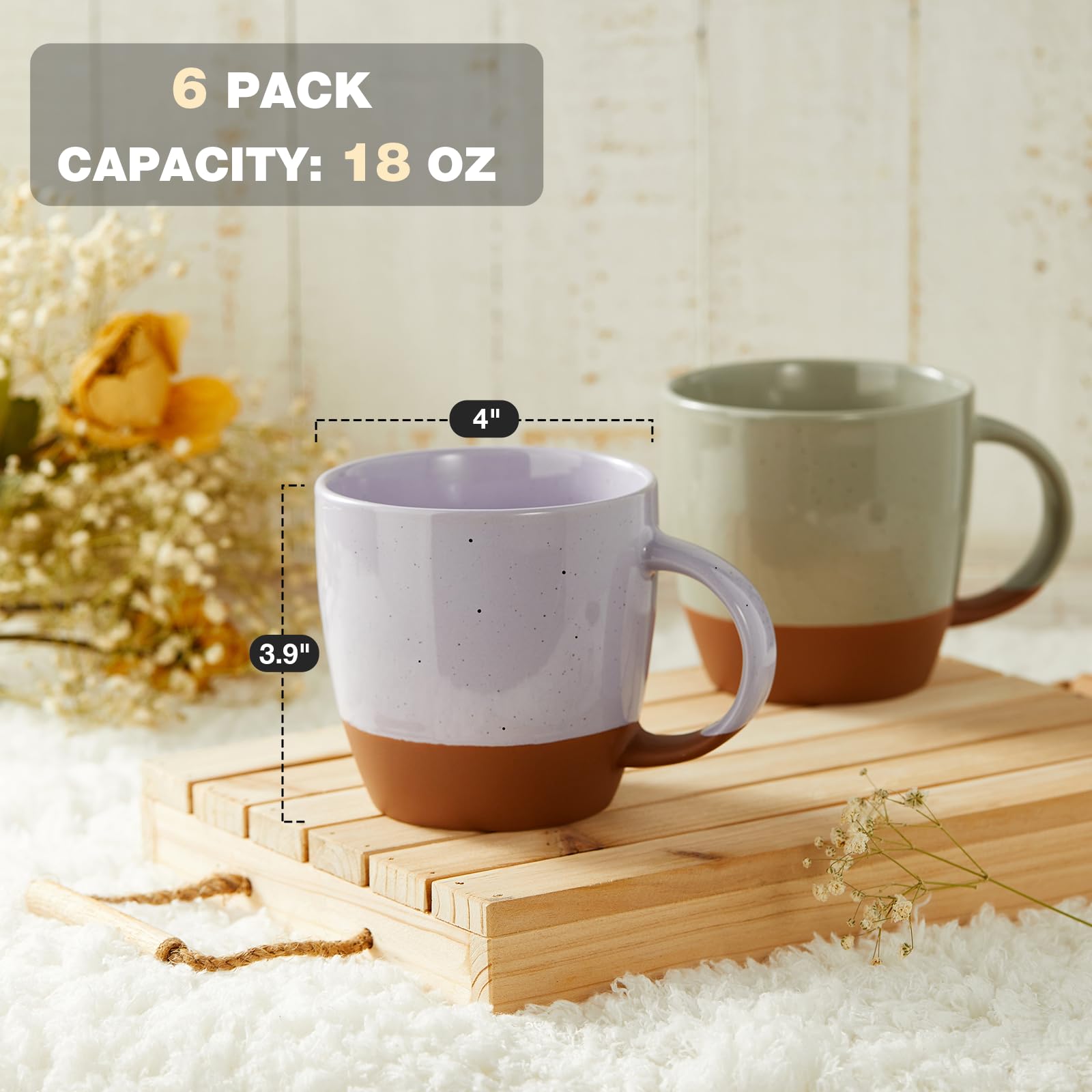 Morandi Color Ceramic Coffee Mugs Set of 6 (Large),18 oz Coffee Cups with Handle, Latte Mug, Big