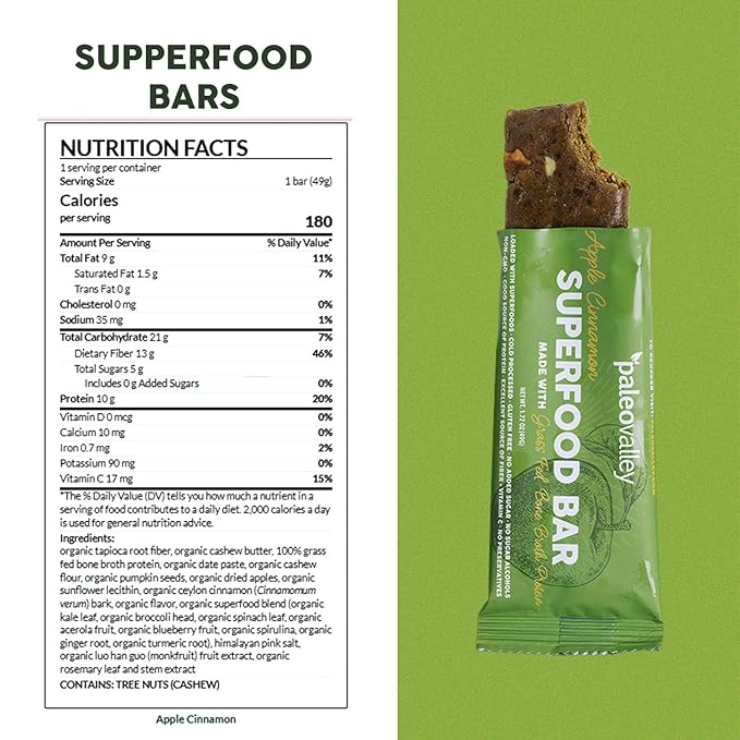 Paleovalley Superfood Bars ??Apple Cinnamon??10 Pack ??9g Protein per Bar ??Gluten-Free, Grain-Free, Paleo, Non-GMO ??On-the-Go Snack