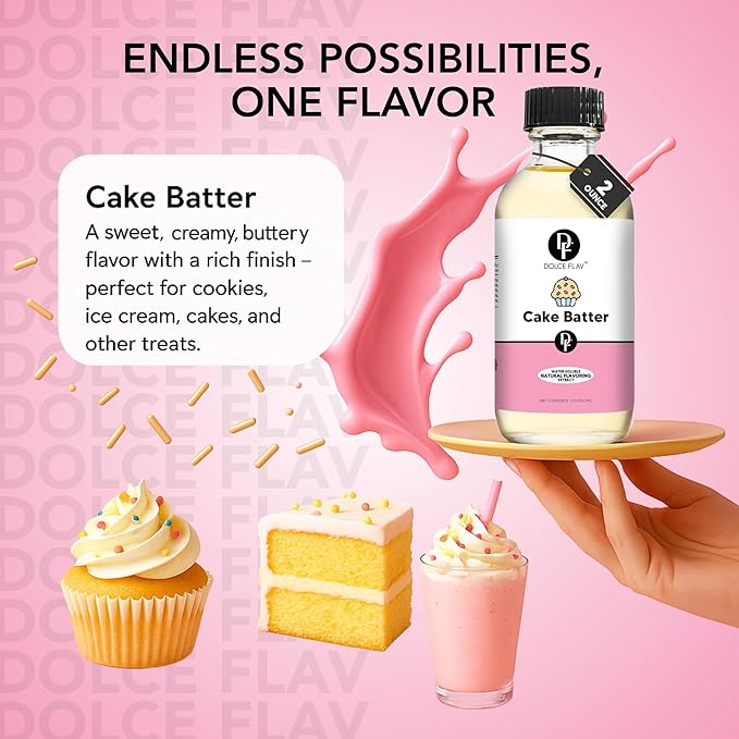 Dolce Flav Natural Cake Batter Extract ??2 Ounce Water-Soluble Kosher, Sugar-Free, Concentrated Birthday Cake Flavor for Frosting, Cupcakes & Ice Cream, Includes Measured Dropper
