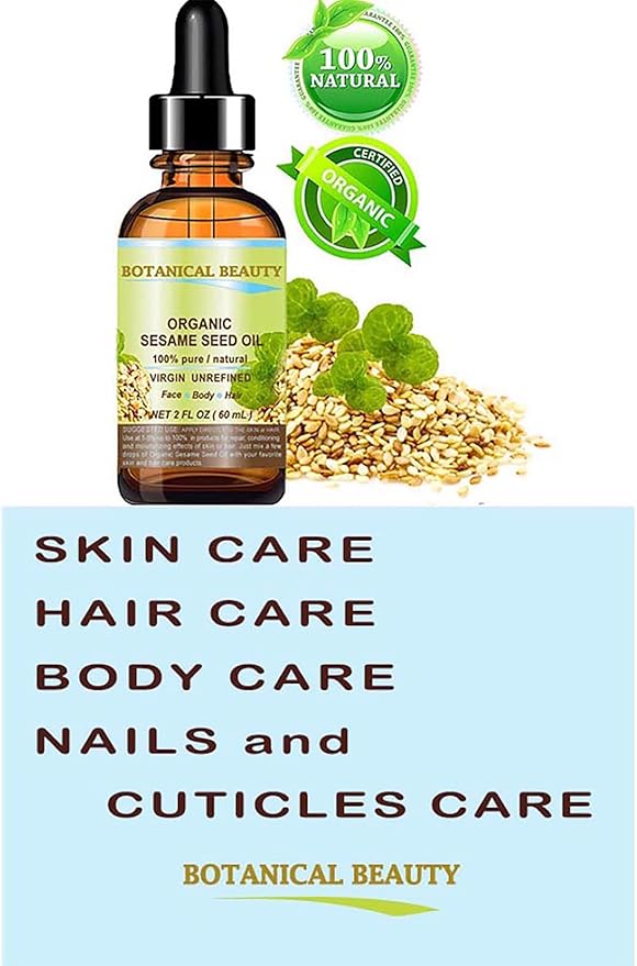 Organic SESAME SEED OIL 100% Pure Natural Virgin Unrefined Undiluted Cold Pressed Carrier Oil for Face, Skin, Body, Hair, Massage, Nails. 2 Fl. oz - 60 ml by Botanical Beauty